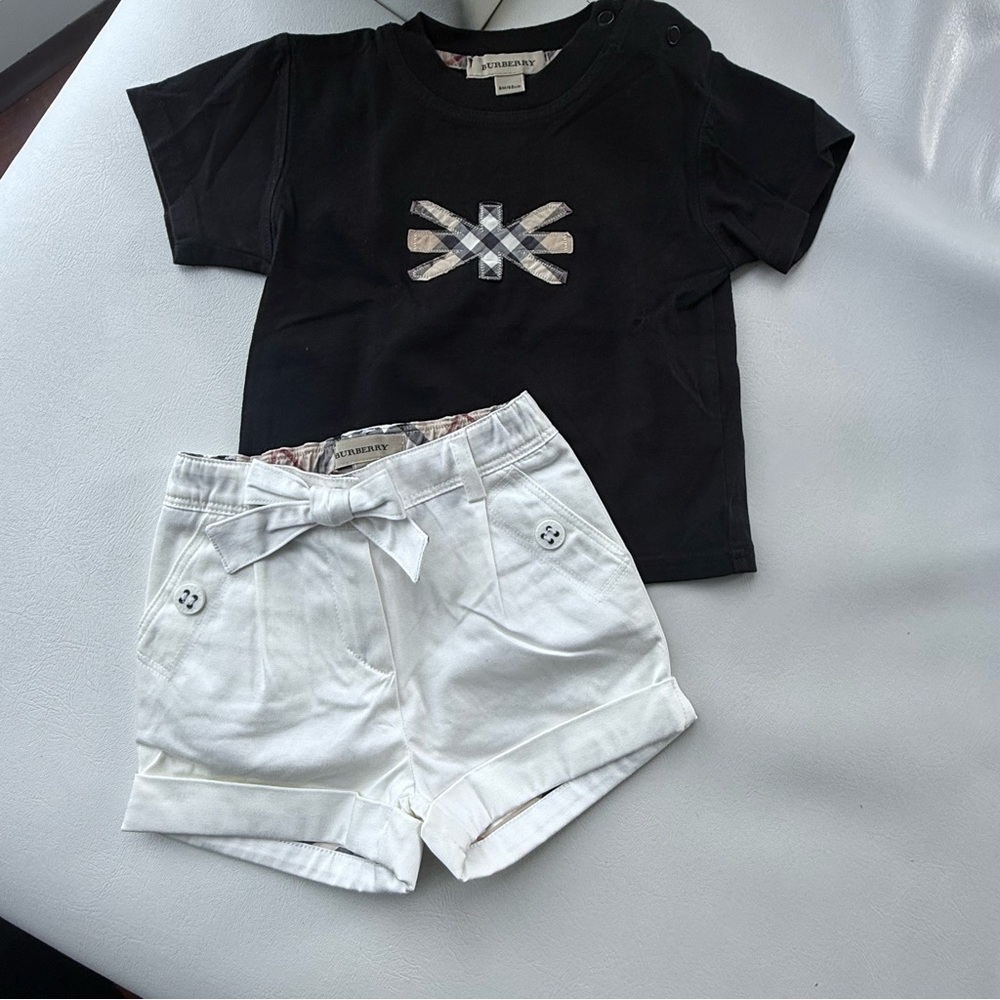Baby kid set top short sleeves blue + short 3/6 months white Burberry